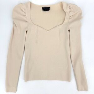 ASOS Cream Sweetheart Neck Puff Sleeve Knit Stretchy Top Sz 0 Coquette‎